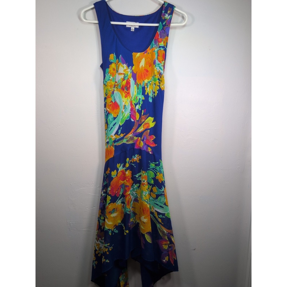 Signature by Robbie Bee Dress 8 Blue Floral Asymmetrical